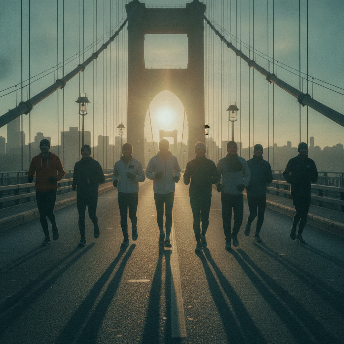 A pack of Dawn Patrol runners crossing the city bridge at sunrise